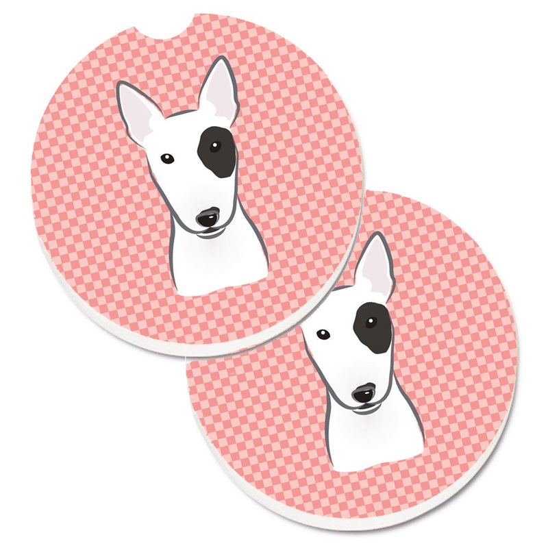Checkerboard Pink Bull Terrier Car Coasters  Set of 2 - Absorbent Stone with Fun & Functional Artwork BB1209CARC