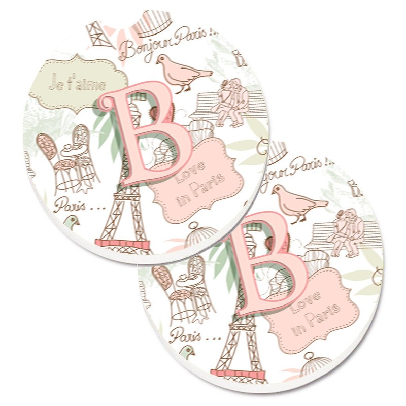 Letter B Love in Paris Pink Car Coasters  Set of 2 - Absorbent Stone with Fun & Functional Artwork CJ2002-BCARC