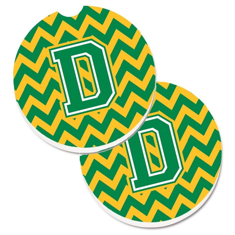 Letter D Chevron Green and Gold Car Coasters  Set of 2 - Absorbent Stone with Fun & Functional Artwork CJ1059-DCARC
