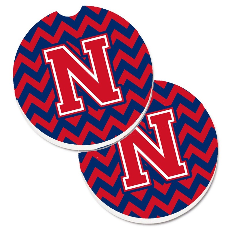 Letter N Chevron Yale Blue and Crimson Car Coasters  Set of 2 - Absorbent Stone with Fun & Functional Artwork CJ1054-NCARC