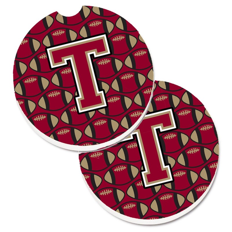 Letter T Football Garnet and Gold Car Coasters  Set of 2 - Absorbent Stone with Fun & Functional Artwork CJ1078-TCARC