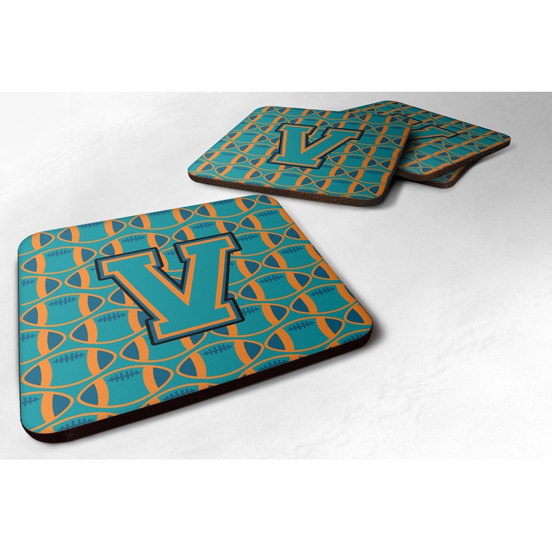 Letter V Football Aqua, Orange and Marine Blue Foam Coaster  CJ1063-VFC