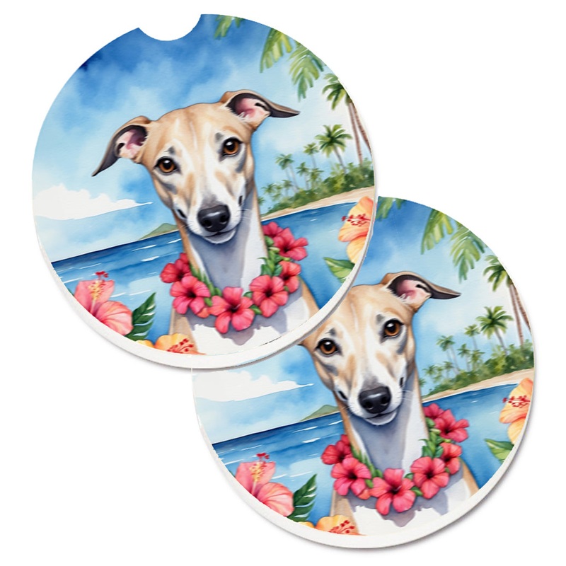 Whippet Luau Car Coasters  Set of 2 - Absorbent Stone with Fun & Functional Artwork