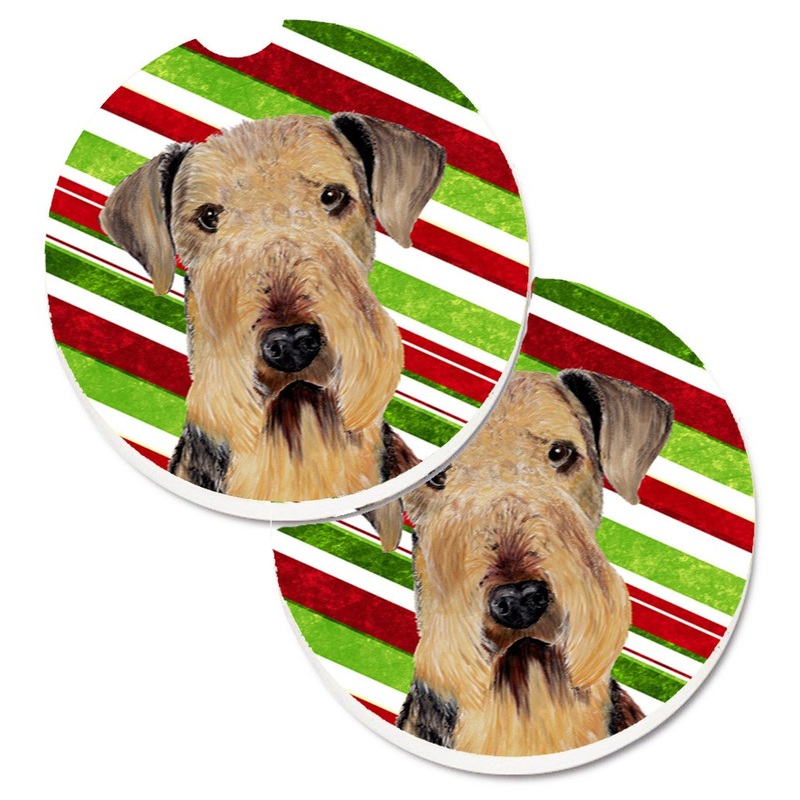 Airedale Candy Cane Holiday Christmas Car Coasters  Set of 2 - Absorbent Stone with Fun & Functional Artwork SC9333CARC