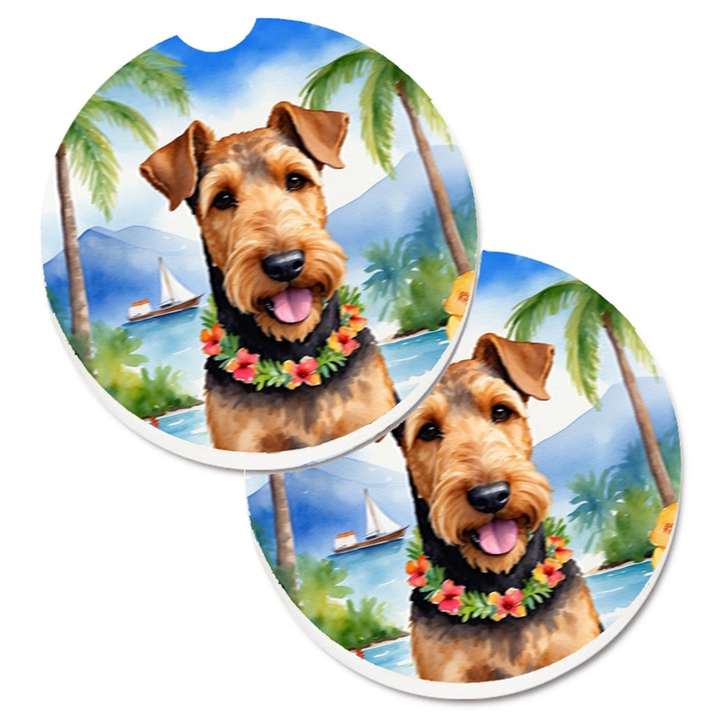 Airedale Terrier Luau Car Coasters  Set of 2 - Absorbent Stone with Fun & Functional Artwork