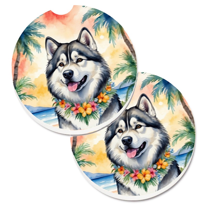 Alaskan Malamute Luau Car Coasters  Set of 2 - Absorbent Stone with Fun & Functional Artwork