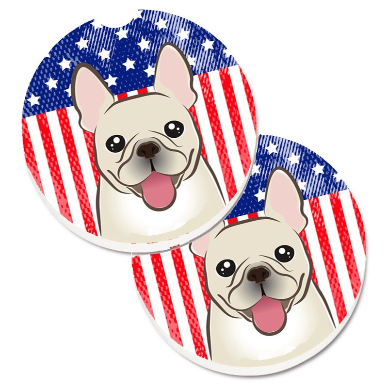 American Flag and French Bulldog Car Coasters  Set of 2 - Absorbent Stone with Fun & Functional Artwork BB2168CARC