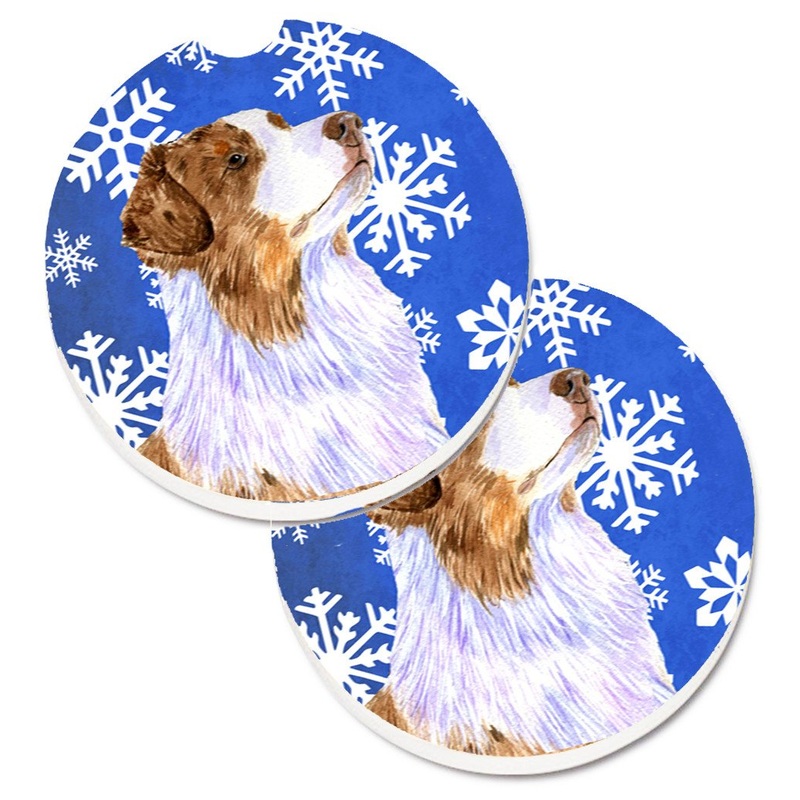 Australian Shepherd Winter Snowflakes Holiday Car Coasters  Set of 2 - Absorbent Stone with Fun & Functional Artwork LH9273CARC