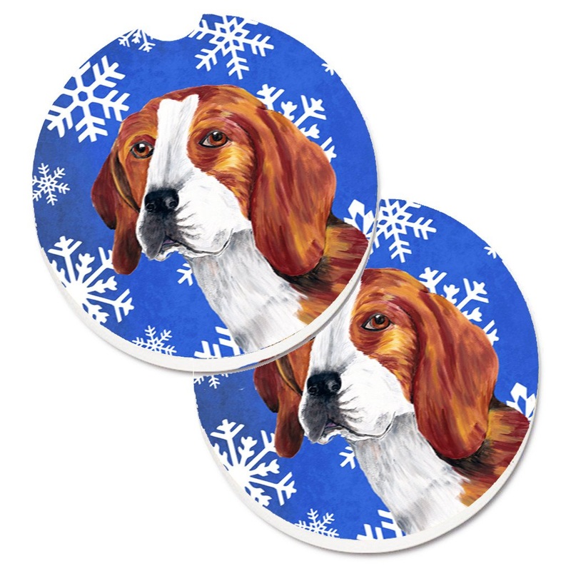 Beagle Winter Snowflakes Holiday Car Coasters  Set of 2 - Absorbent Stone with Fun & Functional Artwork SC9369CARC