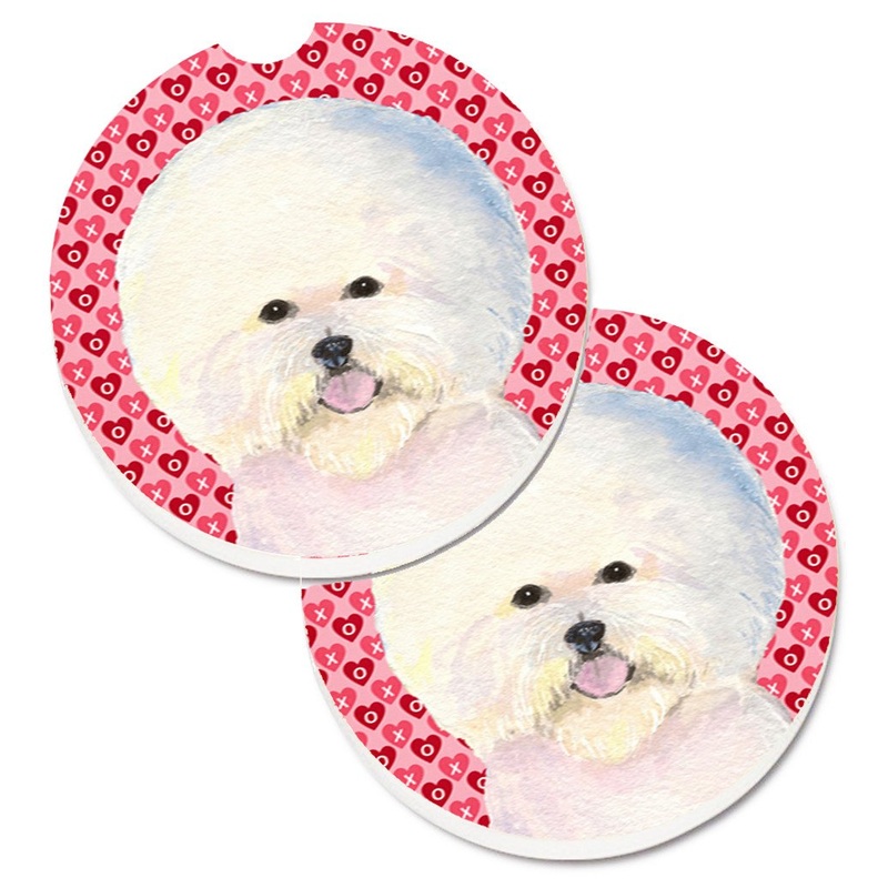 Bichon Frise Hearts Love and Valentine's Day Portrait Car Coasters  Set of 2 - Absorbent Stone with Fun & Functional Artwork SS4526CARC