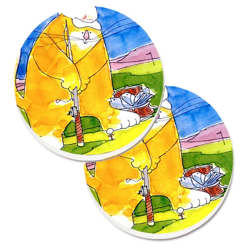Big Cat golfing with a fishing pole  Car Coasters  Set of 2 - Absorbent Stone with Fun & Functional Artwork 6105CARC