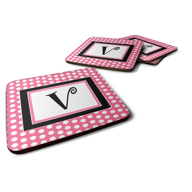 Monogram - Pink Black Polka Dots Coasters - Set of 4 Lightweight Foam, Absorbent Drink Coasters Initial Letter V