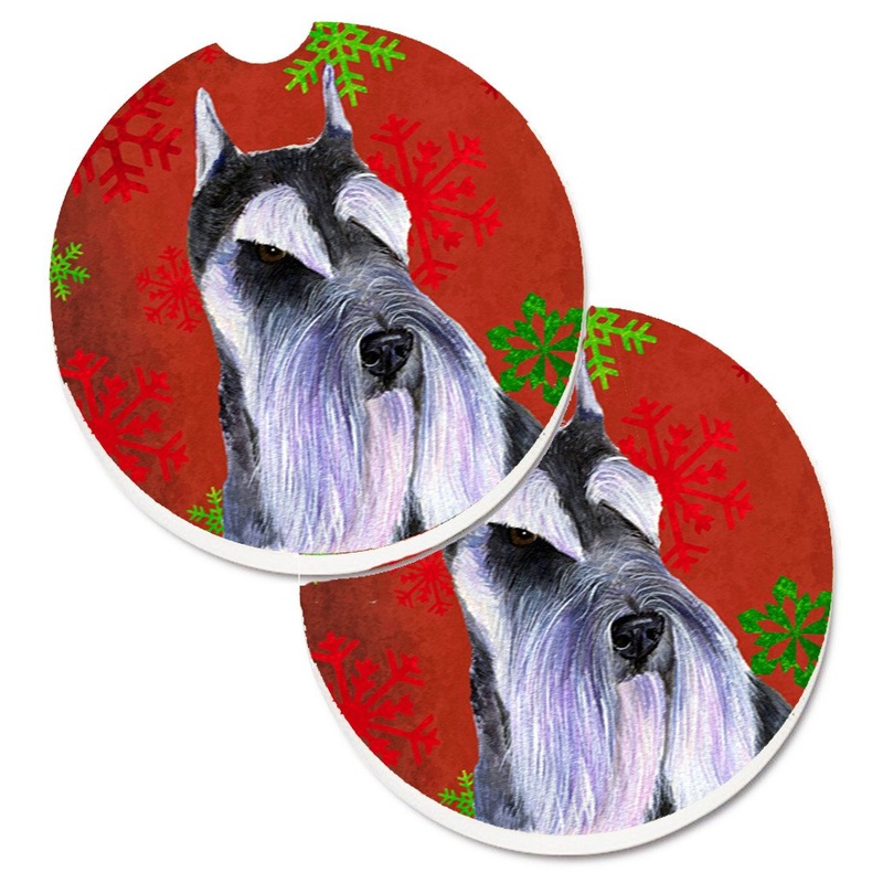 Schnauzer Red and Green Snowflakes Holiday Christmas Car Coasters  Set of 2 - Absorbent Stone with Fun & Functional Artwork SS4684CARC
