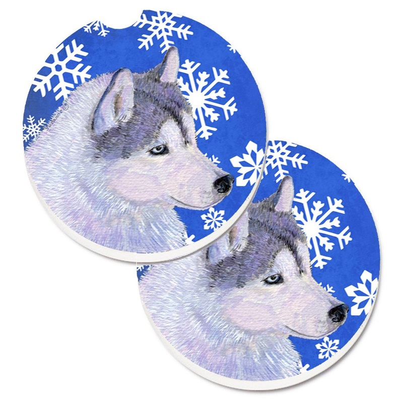 Siberian Husky Winter Snowflakes Holiday Car Coasters  Set of 2 - Absorbent Stone with Fun & Functional Artwork SS4602CARC