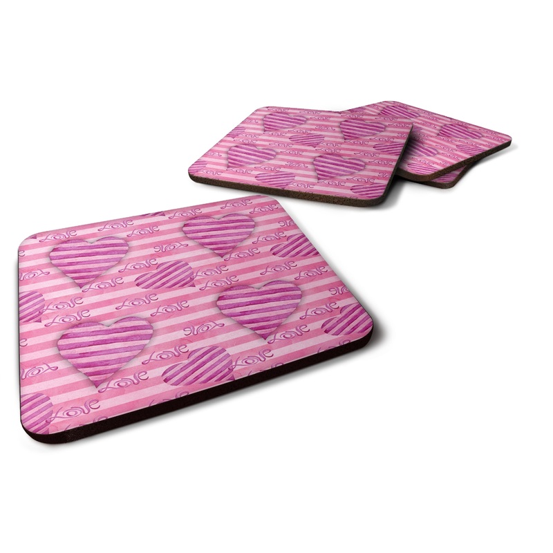 Watercolor Hot Pink Striped Hearts Foam Coaster  BB7566FC