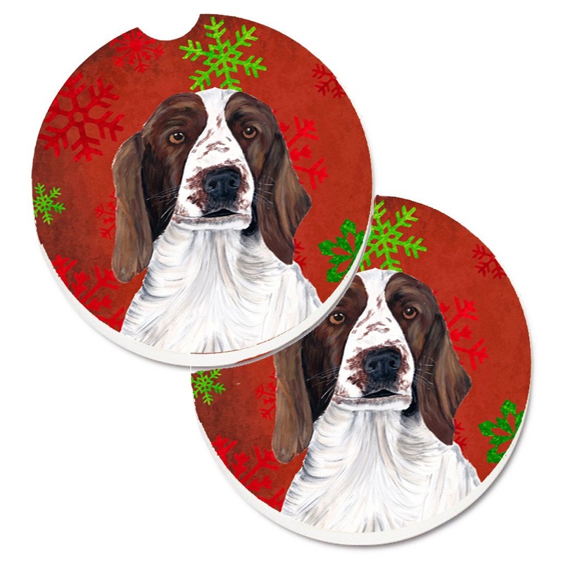 Welsh Springer Spaniel Red  Green Snowflakes Holiday Christmas Car Coasters  Set of 2 - Absorbent Stone with Fun & Functional Artwork SC9420CARC