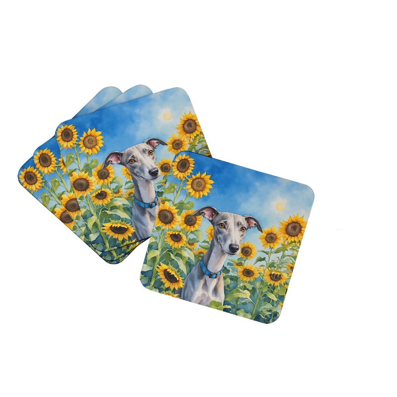 Whippet in Sunflowers Coasters - Set of 4 Lightweight Foam, Absorbent Drink Coasters