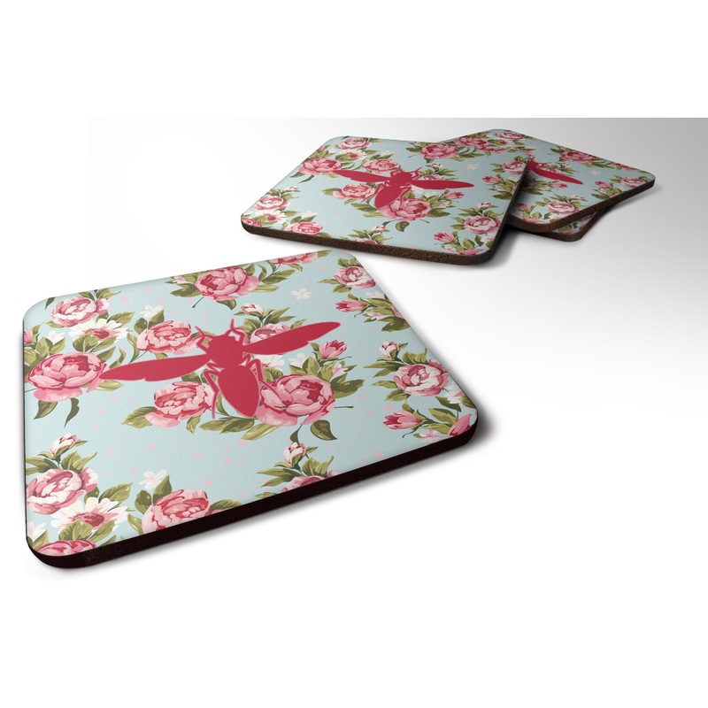 Yellow Jacket Shabby Chic Blue Roses Coasters - Set of 4 Lightweight Foam, Absorbent Drink Coasters