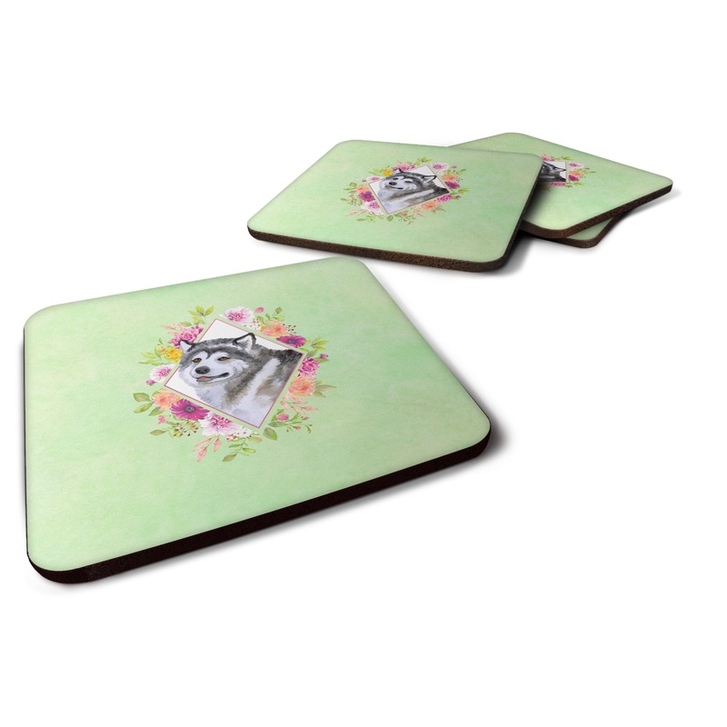 Alaskan Malamute Green Flowers Coasters - Set of 4 Lightweight Foam, Absorbent Drink Coasters  CK4272FC