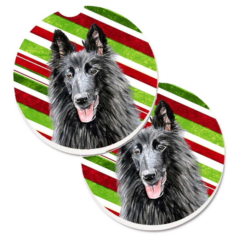 Belgian Sheepdog Candy Cane Holiday Christmas Car Coasters  Set of 2 - Absorbent Stone with Fun & Functional Artwork SC9358CARC