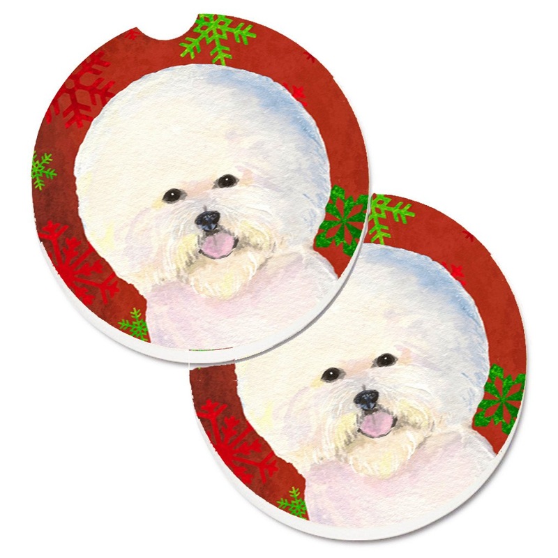 Bichon Frise Red and Green Snowflakes Holiday Christmas Car Coasters  Set of 2 - Absorbent Stone with Fun & Functional Artwork SS4733CARC