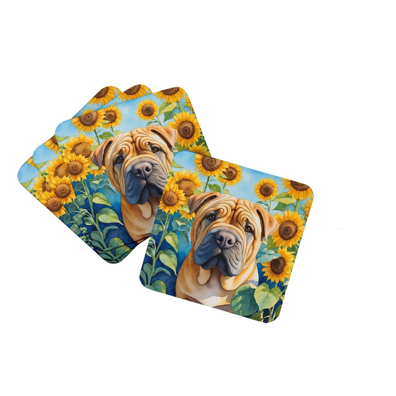 Shar Pei in Sunflowers Coasters - Set of 4 Lightweight Foam, Absorbent Drink Coasters