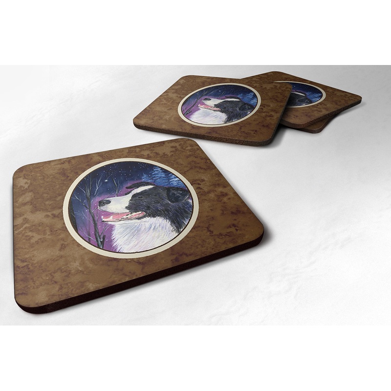 Starry Night Border Collie Coasters - Set of 4 Lightweight Foam, Absorbent Drink Coasters