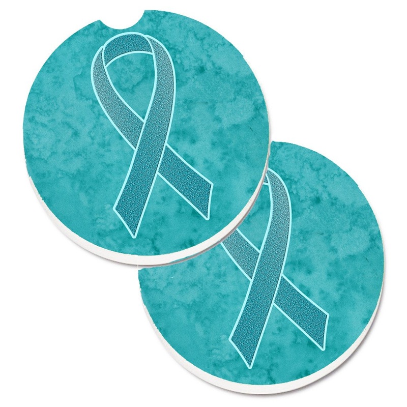 Teal Ribbon for Ovarian Cancer Awareness Car Coasters  Set of 2 - Absorbent Stone with Fun & Functional Artwork AN1201CARC