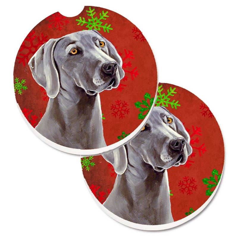 Weimaraner Red and Green Snowflakes Holiday Christmas Car Coasters  Set of 2 - Absorbent Stone with Fun & Functional Artwork LH9341CARC