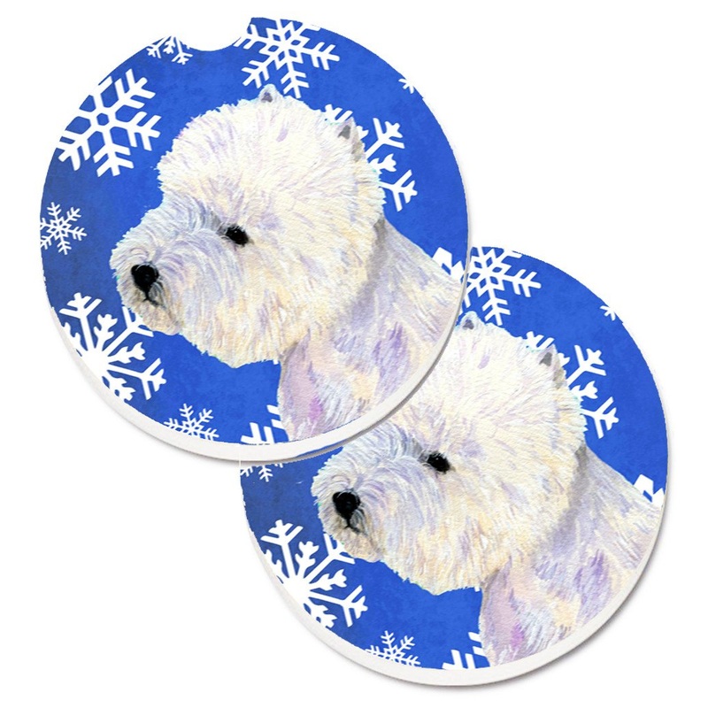 Westie Winter Snowflakes Holiday Car Coasters  Set of 2 - Absorbent Stone with Fun & Functional Artwork LH9270CARC