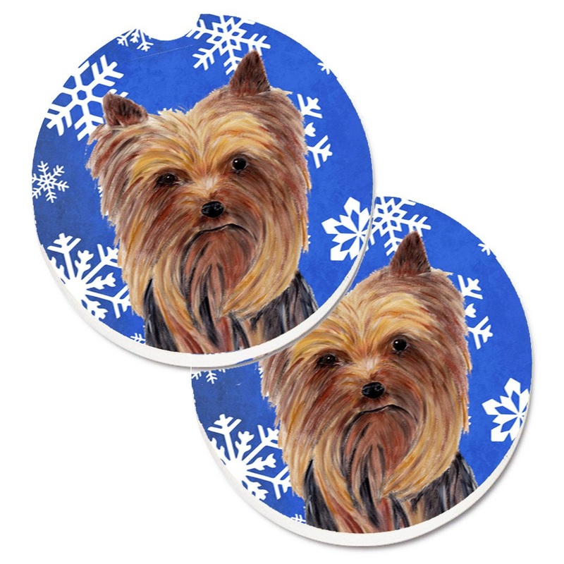 Yorkie Winter Snowflakes Holiday Car Coasters  Set of 2 - Absorbent Stone with Fun & Functional Artwork SC9365CARC
