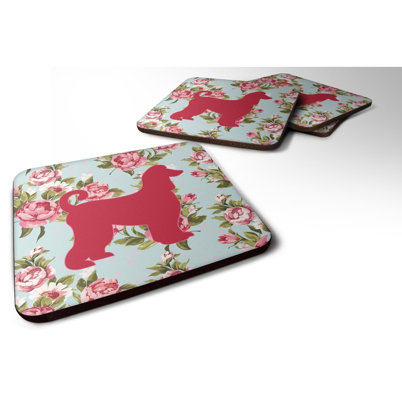 Afghan Hound Shabby Chic Blue Roses Coasters - Set of 4 Lightweight Foam, Absorbent Drink Coasters