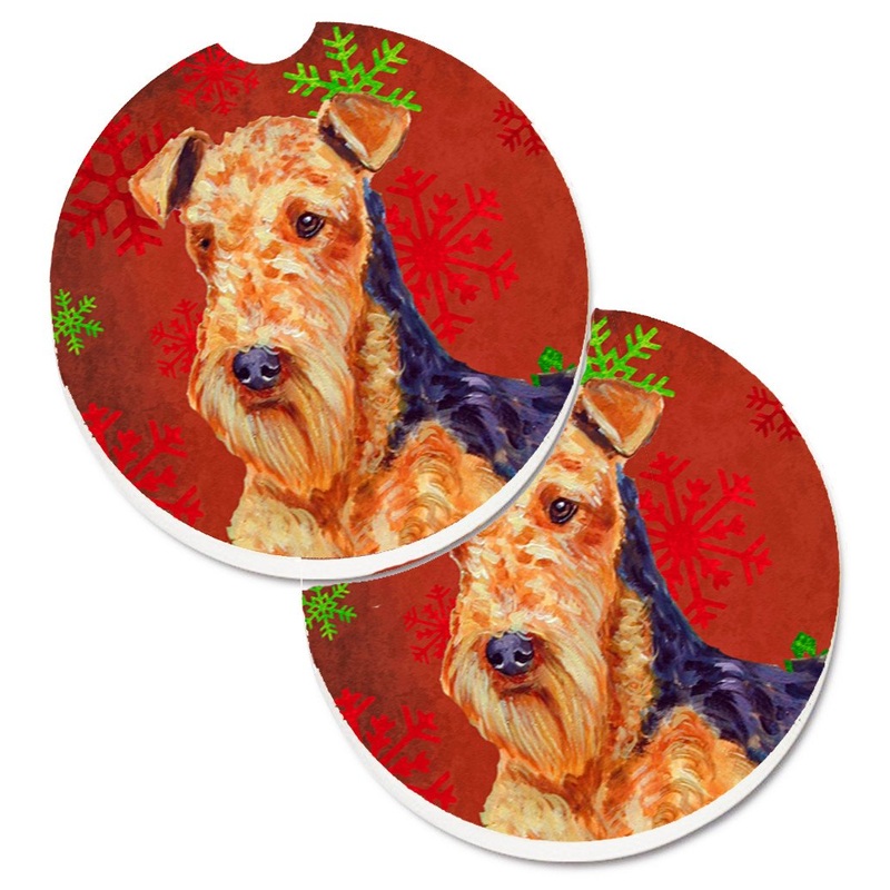 Airedale Red and Green Snowflakes Holiday Christmas Car Coasters  Set of 2 - Absorbent Stone with Fun & Functional Artwork LH9336CARC
