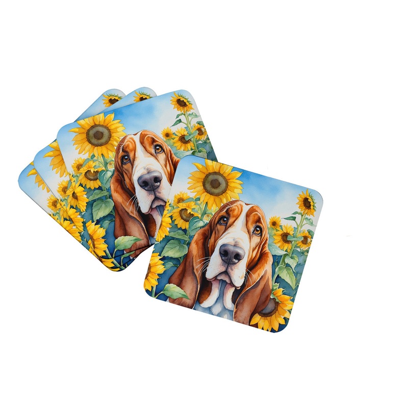 Basset Hound in Sunflowers Coasters - Set of 4 Lightweight Foam, Absorbent Drink Coasters