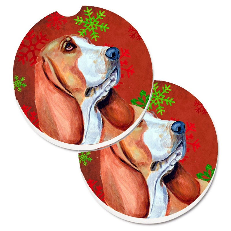 Basset Hound Red and Green Snowflakes Holiday Christmas Car Coasters  Set of 2 - Absorbent Stone with Fun & Functional Artwork LH9332CARC