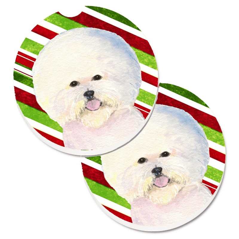Bichon Frise Candy Cane Holiday Christmas Car Coasters  Set of 2 - Absorbent Stone with Fun & Functional Artwork SS4595CARC