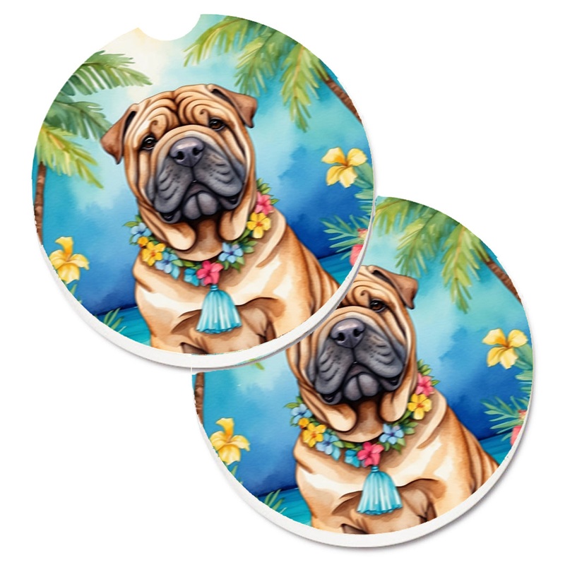 Shar Pei Luau Car Coasters  Set of 2 - Absorbent Stone with Fun & Functional Artwork