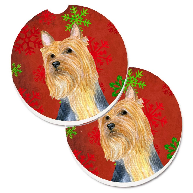Silky Terrier Red Green Snowflake Holiday Christmas Car Coasters  Set of 2 - Absorbent Stone with Fun & Functional Artwork LH9316CARC