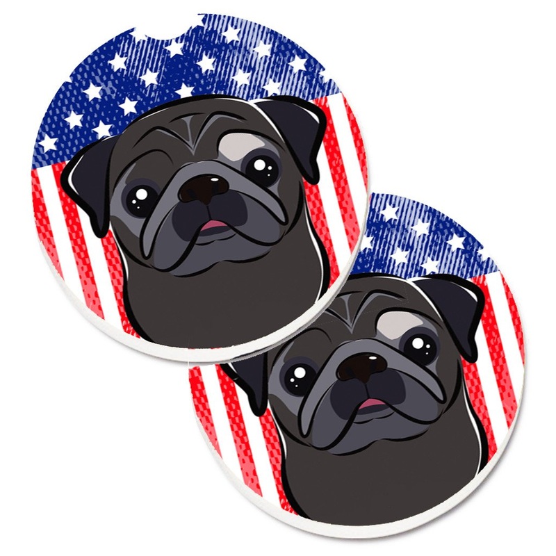 American Flag and Black Pug Car Coasters  Set of 2 - Absorbent Stone with Fun & Functional Artwork BB2193CARC
