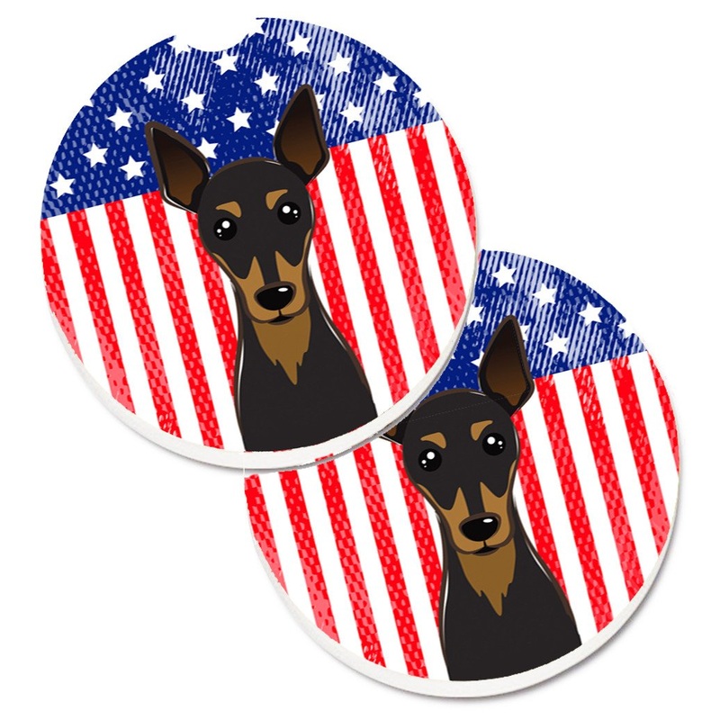 American Flag and Min Pin Car Coasters  Set of 2 - Absorbent Stone with Fun & Functional Artwork BB2170CARC