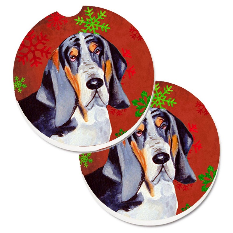 Basset Hound Red and Green Snowflakes Holiday Christmas Car Coasters  Set of 2 - Absorbent Stone with Fun & Functional Artwork LH9327CARC