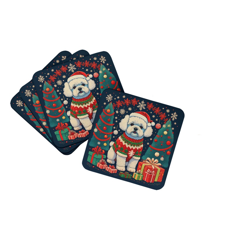 Bichon Frise Christmas Coasters - Set of 4 Lightweight Foam, Absorbent Drink Coasters