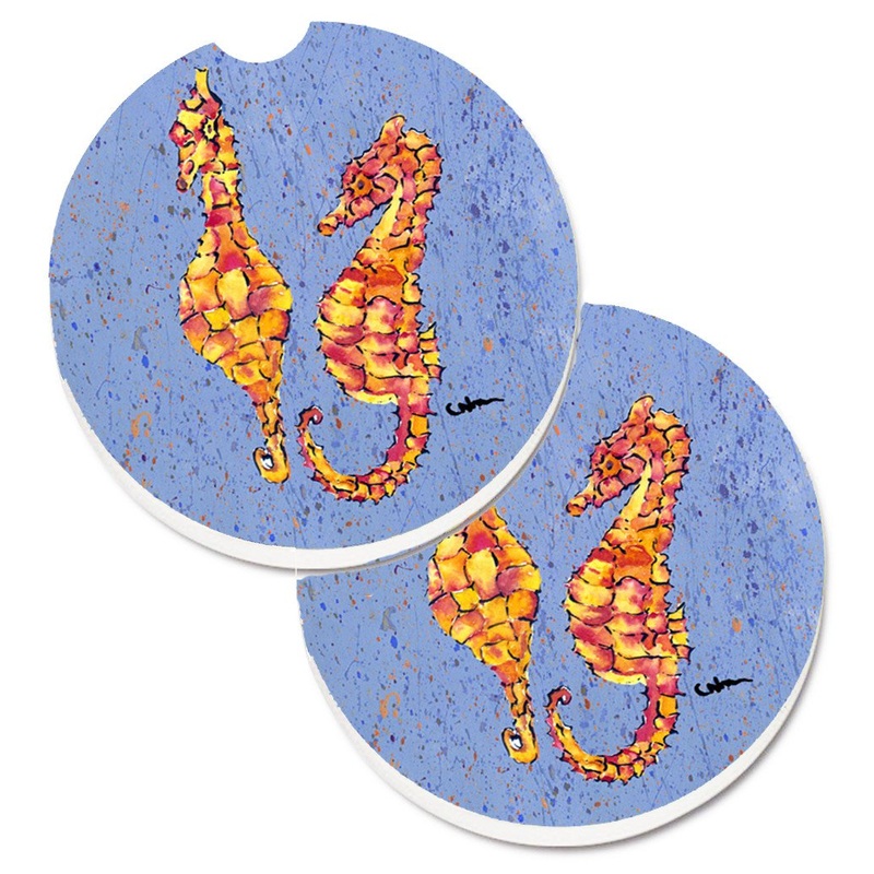 Seahorses on Blue Car Coasters  Set of 2 - Absorbent Stone with Fun & Functional Artwork 8526CARC
