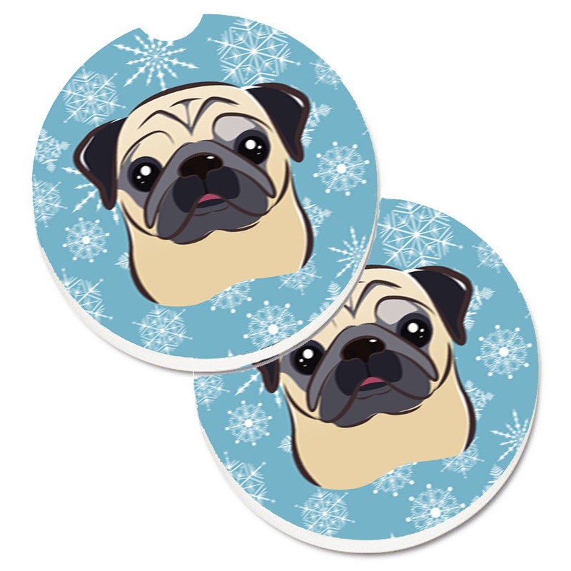 Snowflake Fawn Pug Car Coasters  Set of 2 - Absorbent Stone with Fun & Functional Artwork BB1696CARC