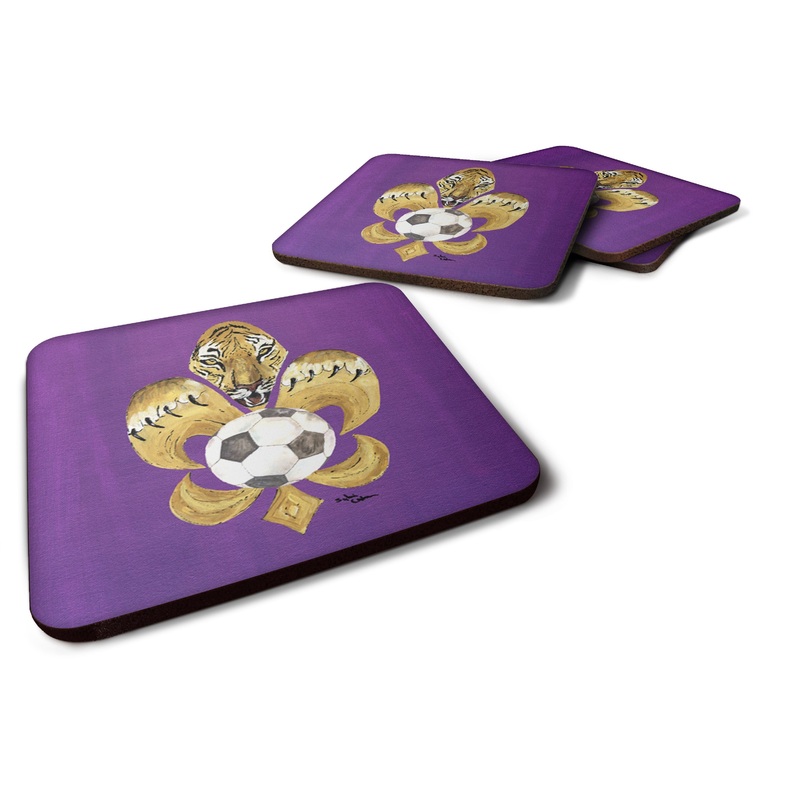 Tiger Soccer  Fleur de lis Coasters - Set of 4 Lightweight Foam, Absorbent Drink Coasters