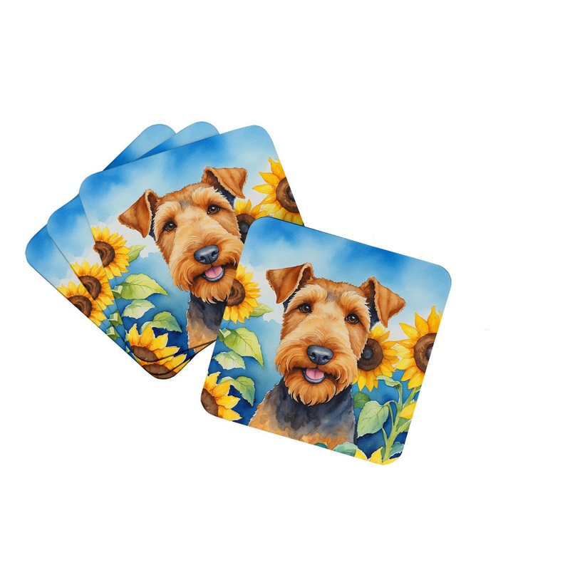 Airedale Terrier in Sunflowers Coasters - Set of 4 Lightweight Foam, Absorbent Drink Coasters