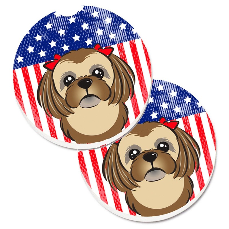 American Flag and Chocolate Brown Shih Tzu Car Coasters  Set of 2 - Absorbent Stone with Fun & Functional Artwork BB2179CARC
