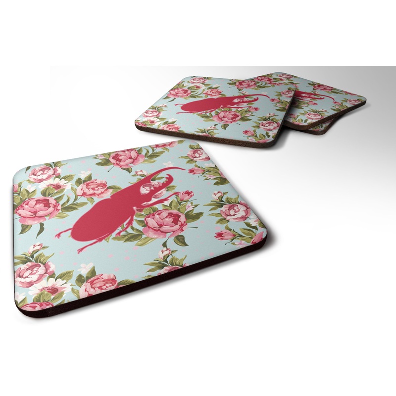 Beetle Shabby Chic Blue Roses Coasters - Set of 4 Lightweight Foam, Absorbent Drink Coasters