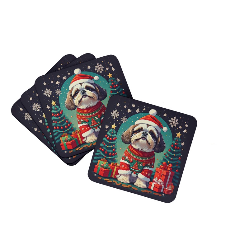Shih Tzu Christmas Coasters - Set of 4 Lightweight Foam, Absorbent Drink Coasters
