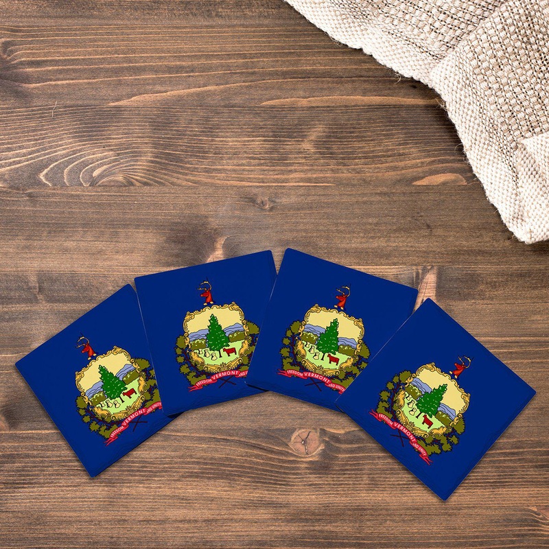 Vermont State Flag | Drink Coaster Set of 4 | Absorbent Ridged Ceramic with Cork Backing